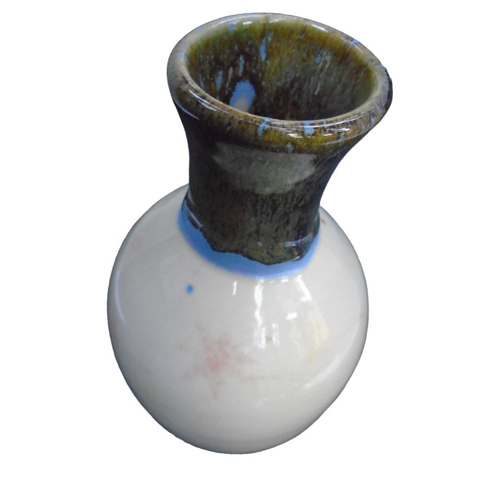 Vase Hand Thrown Pottery White Body Slip Glaze Top Blue Ring 8.5 Inches Signed
